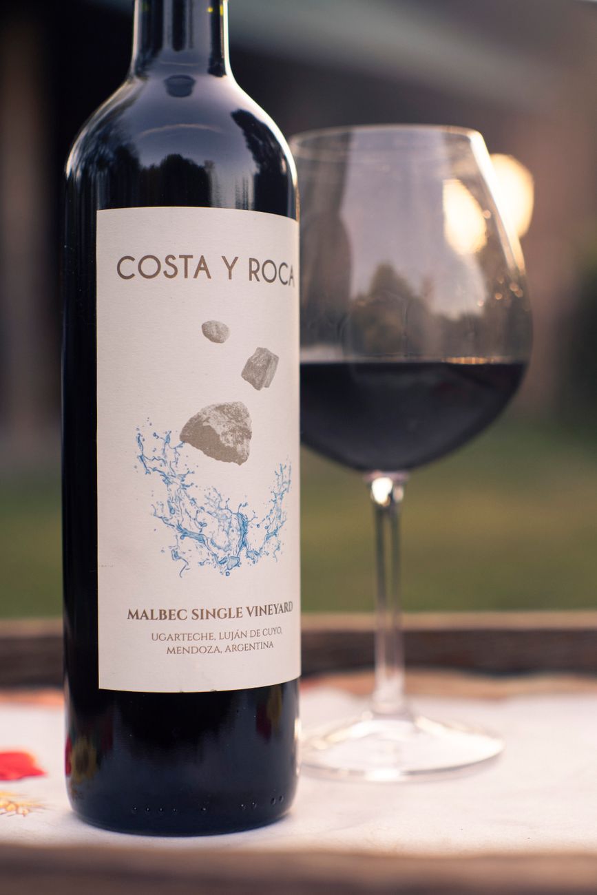 Racimos de uva Malbec y copa de vino tinto al atardecer